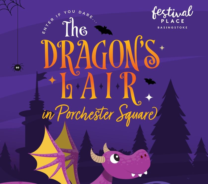 A cartoon social card shows a friendly purple dragon against a dark purple background. Orange text reads Enter if you dare, the dragons lair in Porchester Square.