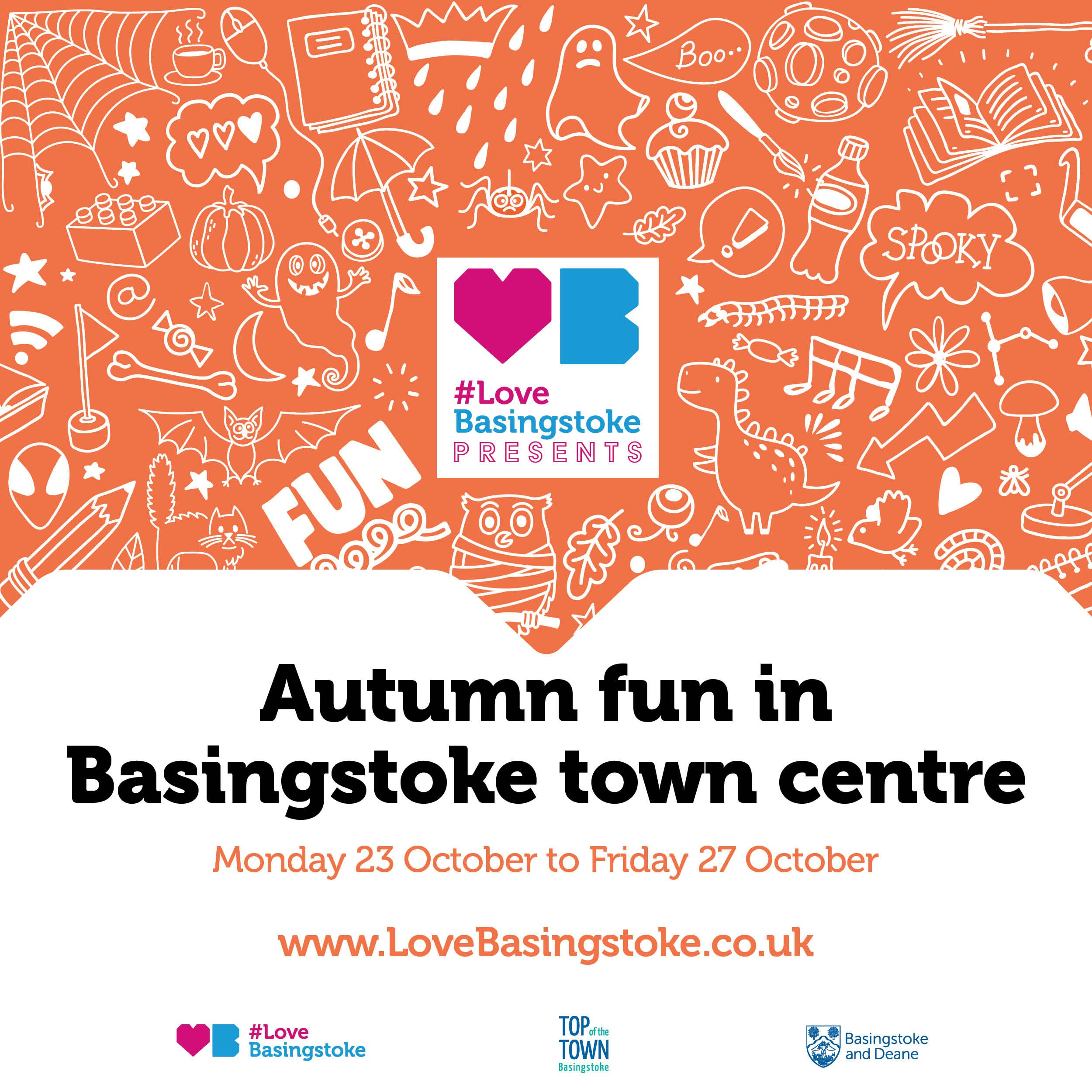 A social card promoting autumn fun in Basingstoke town centre. The top half of the card shows white doodles on top of an orange background.