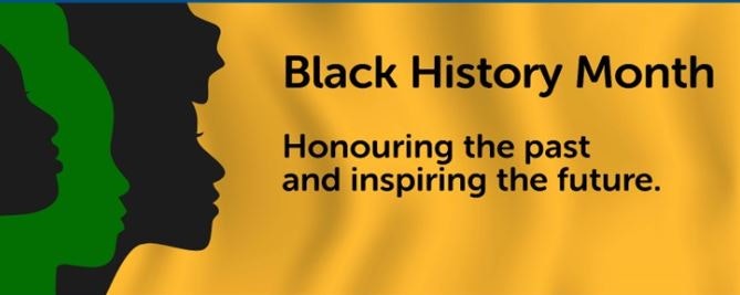 A gold banner with three silhouette faces. Text reads Black History Month.