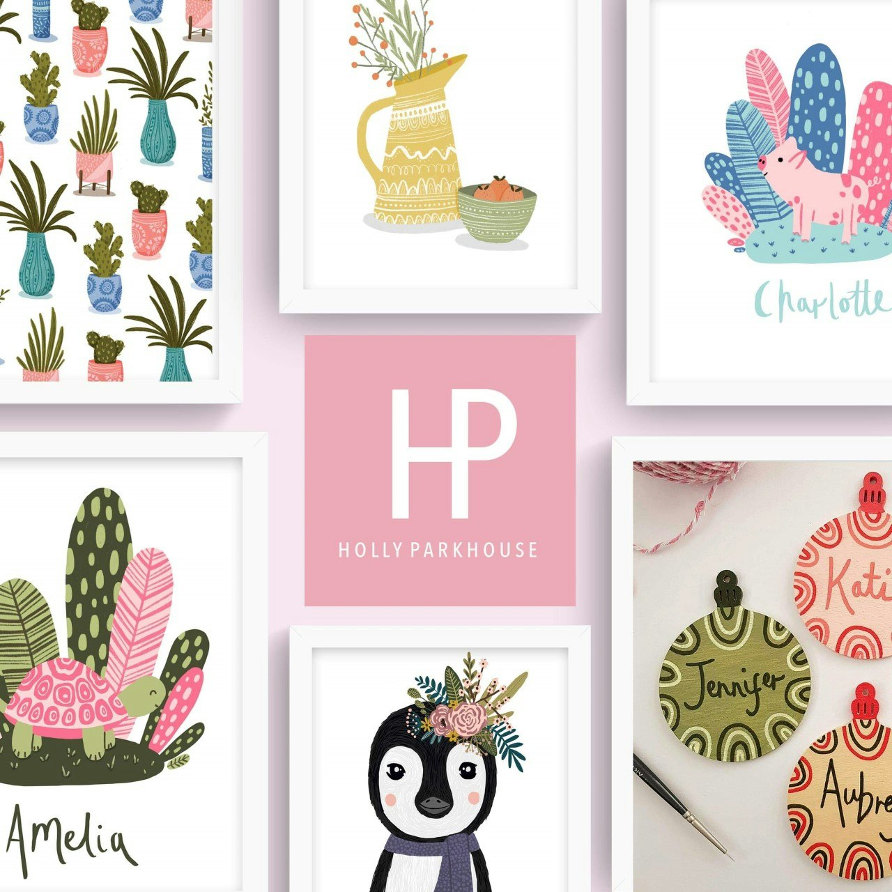 A selection of prints surrounding the Holly Parkhouse logo