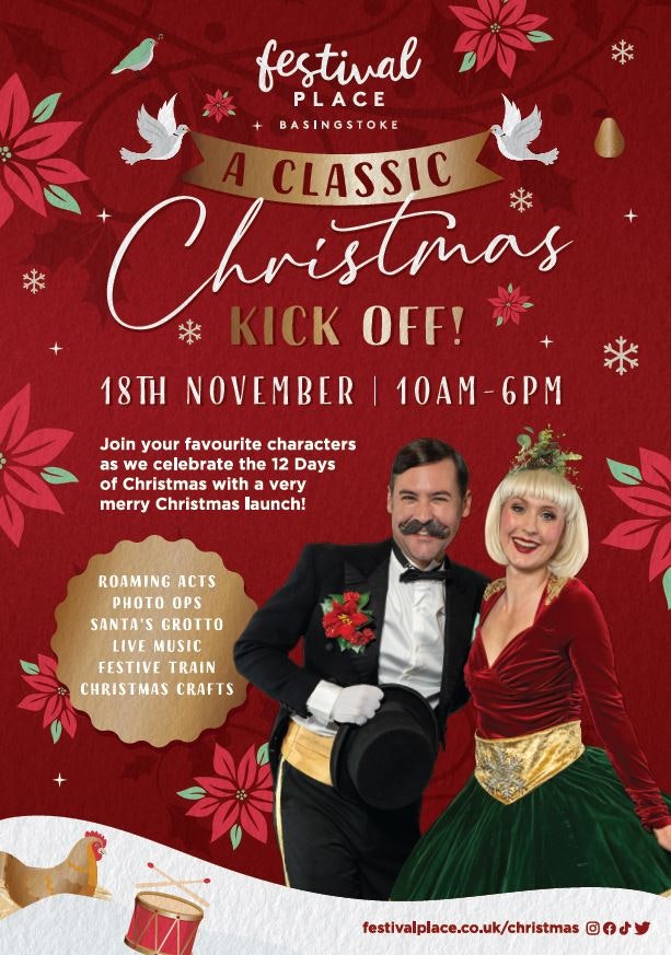 A poster promoting Festival Place, red background with a classic Christmas kick off.