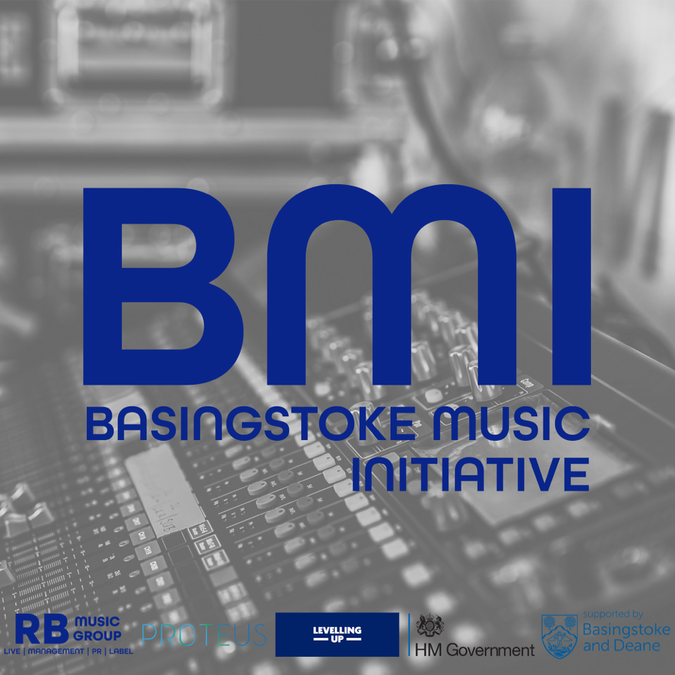 A square socal card with large blue letters stating BMI. In the background music instruments are blurred with a grey filter..