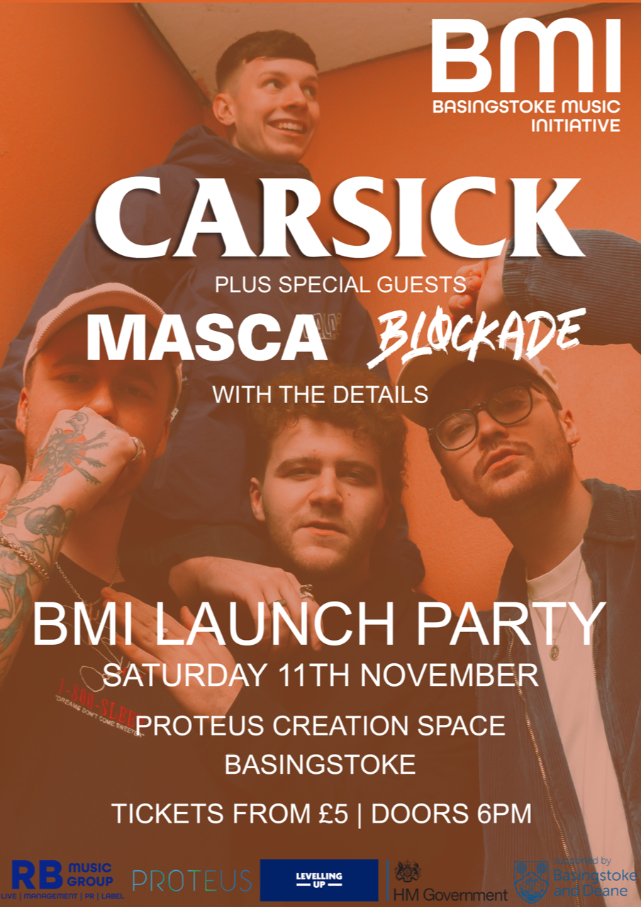 A poster promoting the Basingstoke Music Initiative launch party on Saturday 11 November at Proteus Creation Space. The background of the image shows four band members staring into the camera.
