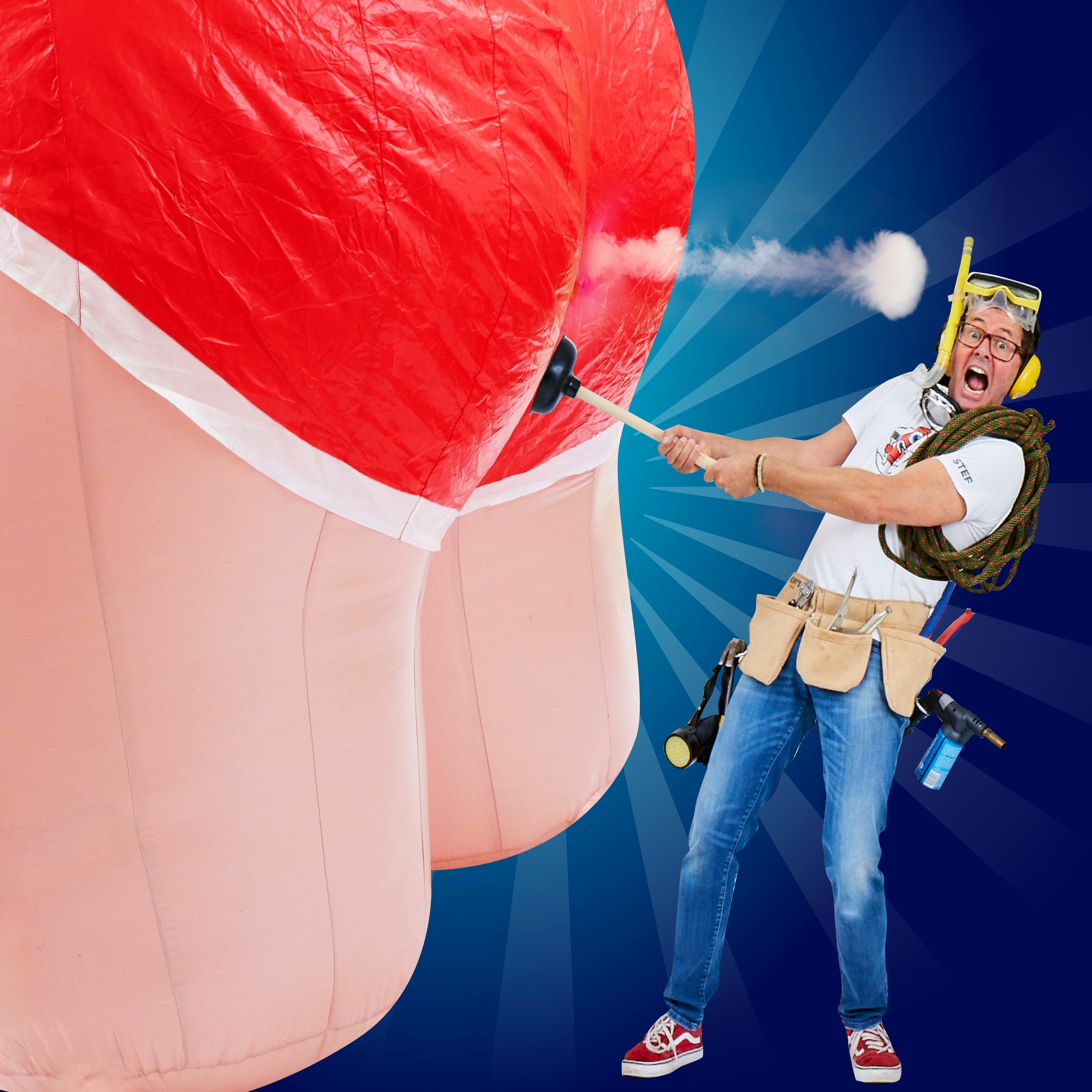 A promotion image for the show Rude Science, the image shows a person wearing a tool belt, holding a plunger next to an inflatable bottom.