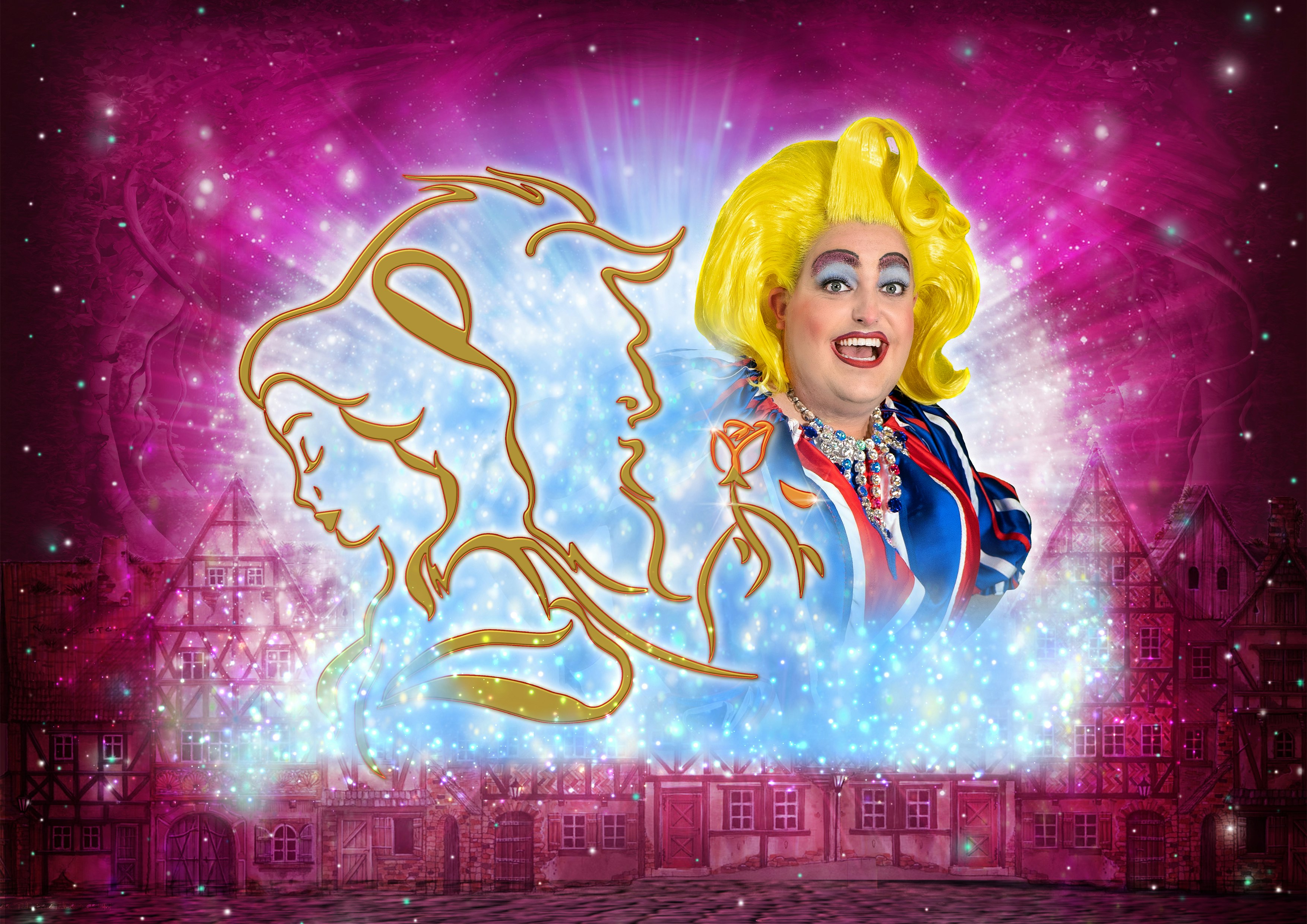 A promotional shot for the Easter Panto at Anvil Arts, Beauty and the Beast. A headshot of a pantomime character wearing a blonde wig and blue shirt. The background is purple with sparkles. Next to the character is an illustration in gold of Beauty and the Beast.
