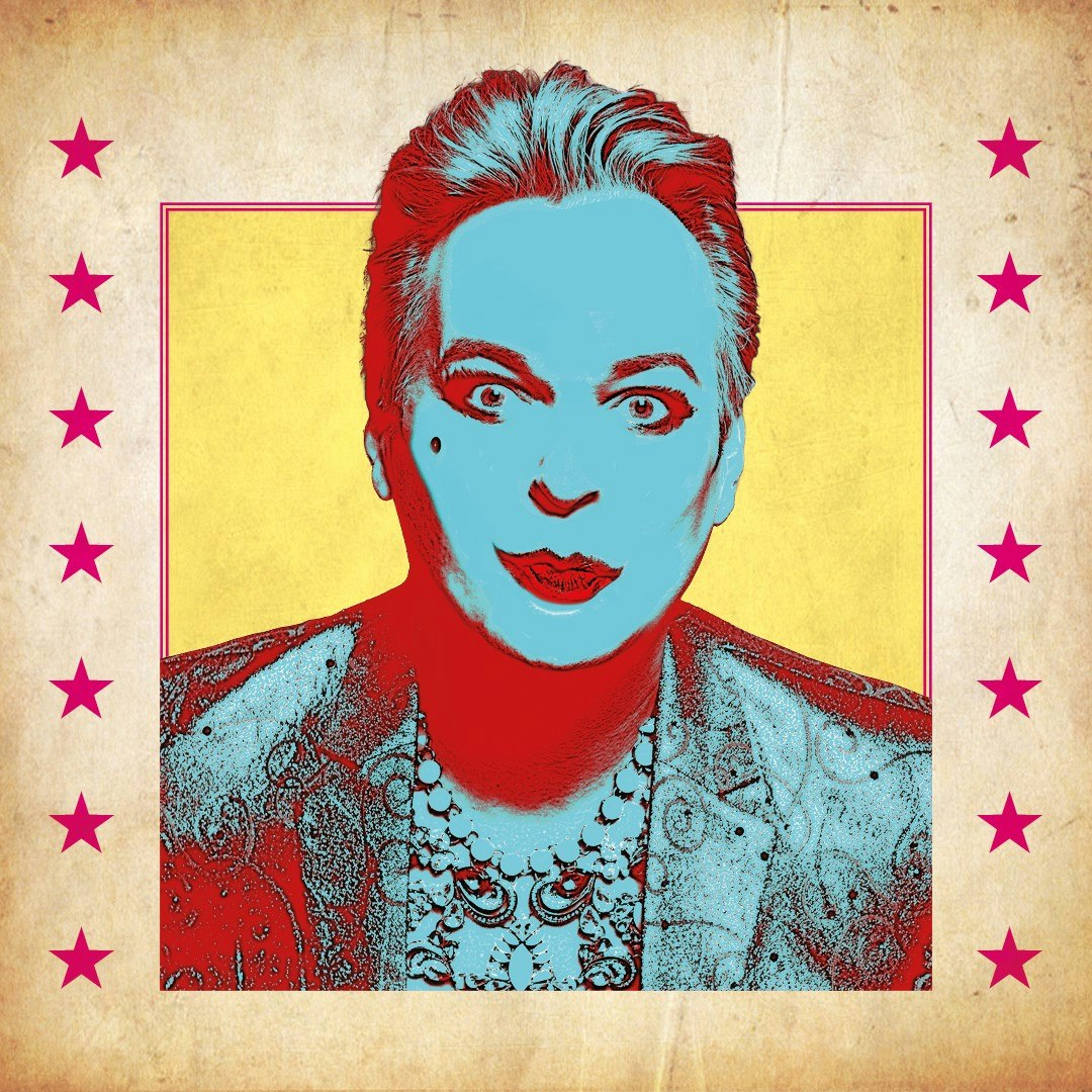 a headshot of comedian Julian Clary. It is distorted so he is shon in blue and red with a pink square border and pink stars around the edge