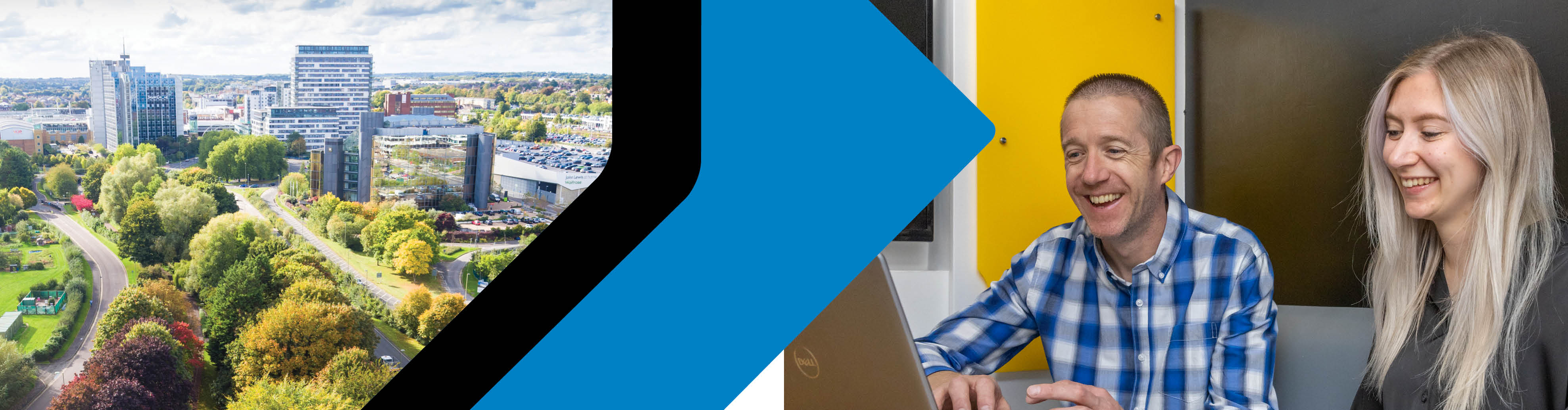 On the left hand side you can see Basingstoke from the air. On the right are a male and female looking at a laptop. In between is a black line and blue line.