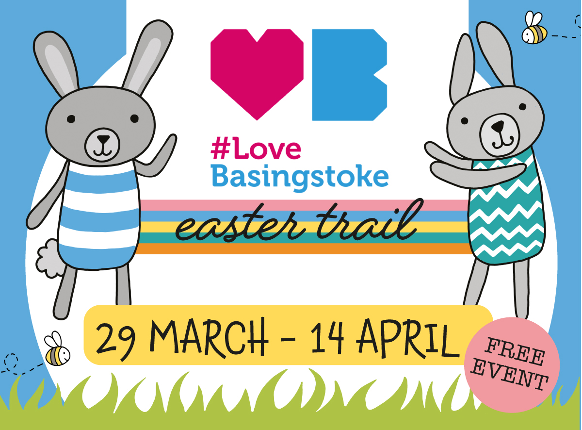 An image promoting the Love Basingstoke Easter trail. The image includes two cartoon easter bunnies, the Love Basingstoke logo and colourful banners which read Easter trail - 29 March to 14 April 2024.