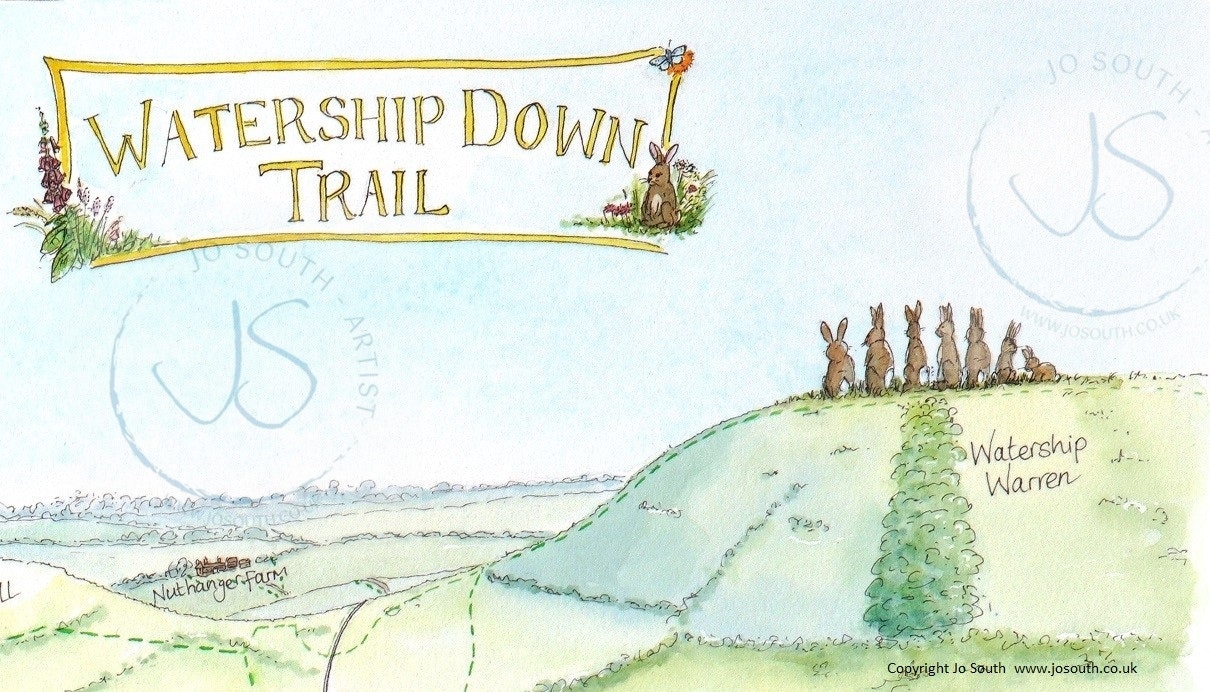 A watercolour image. In the top right hand corner it says Watership Down Trail with a yellow border featuring flowers, a butterfly and bunny. You can then see the landscape of the area a hill is to the right hand side with 7 bunnies on. A bird features in the middle at the bottom. In the distance is Nuthanger Farm.