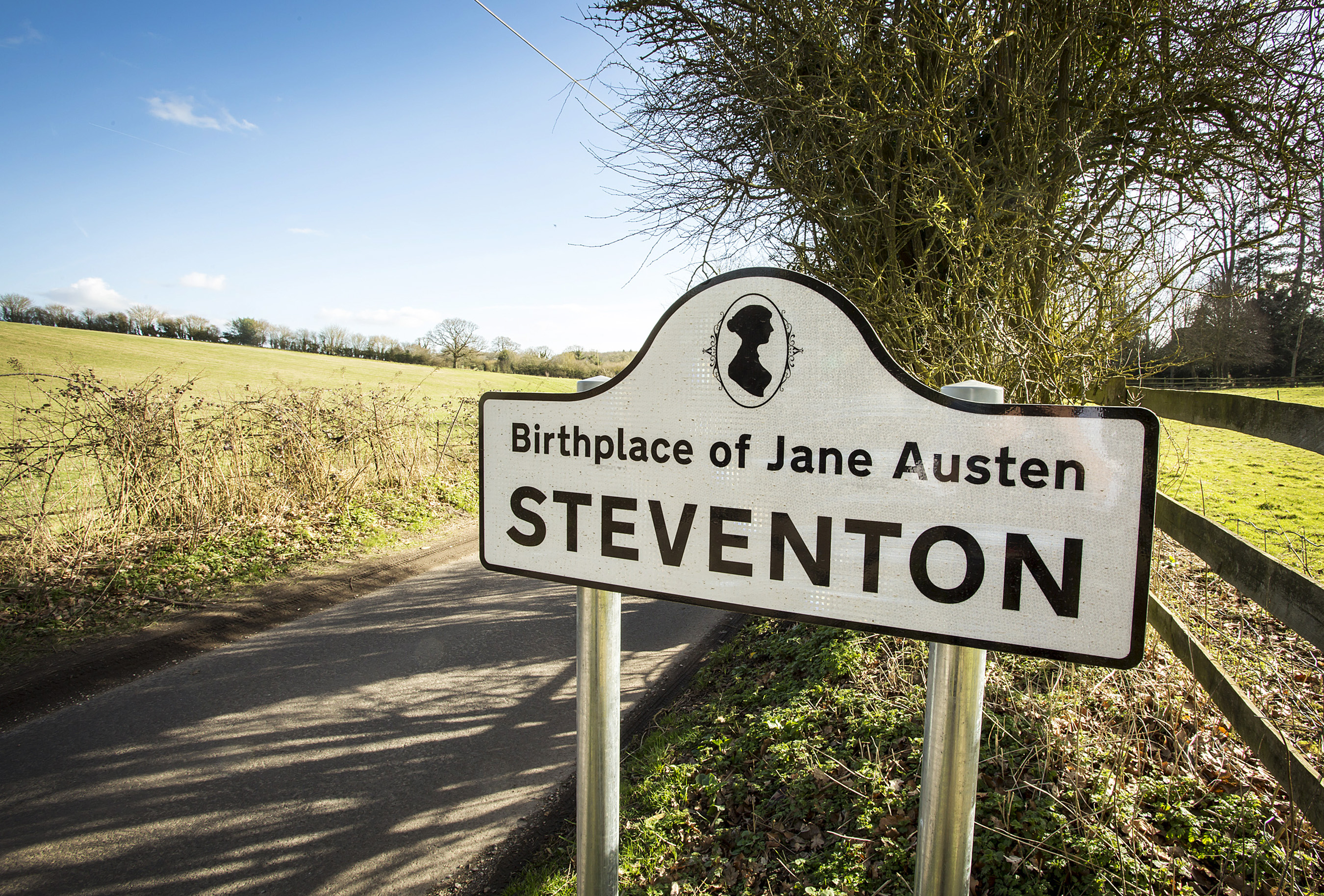 The sign reads "Steventon. Birth place of Jane Austen"