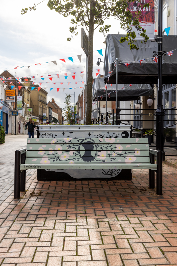 A decorated Jane Austen bench in town