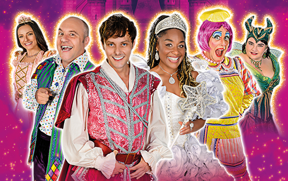 A colourful image showing the cast of this years Anvil Arts pantomine. Six characters face the camera.