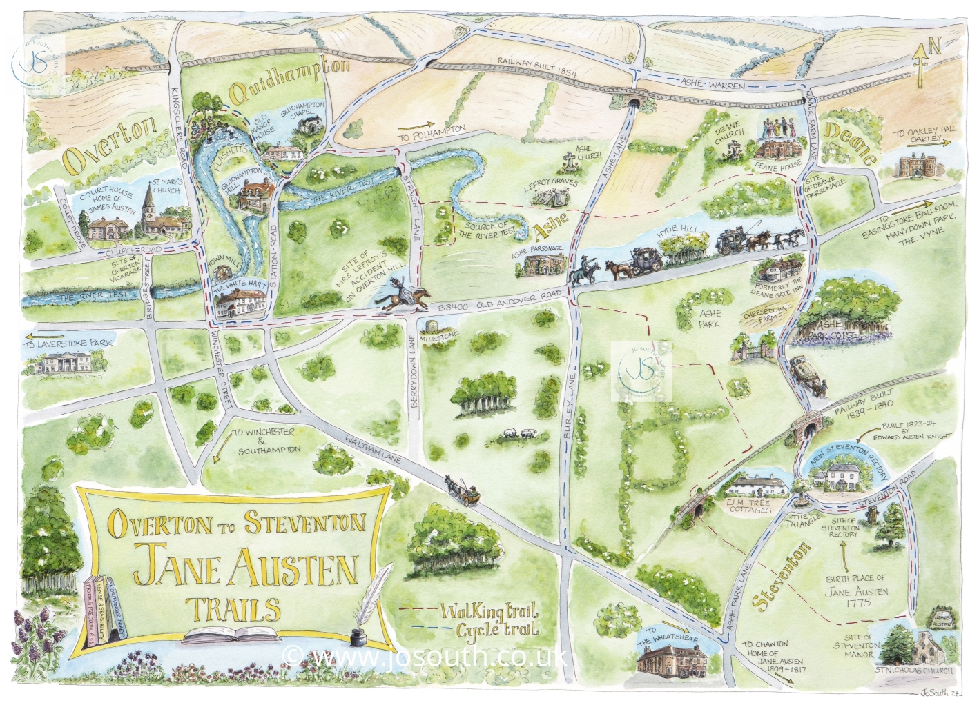 An illustrated map of Steventon and Overton by local artist Jo South