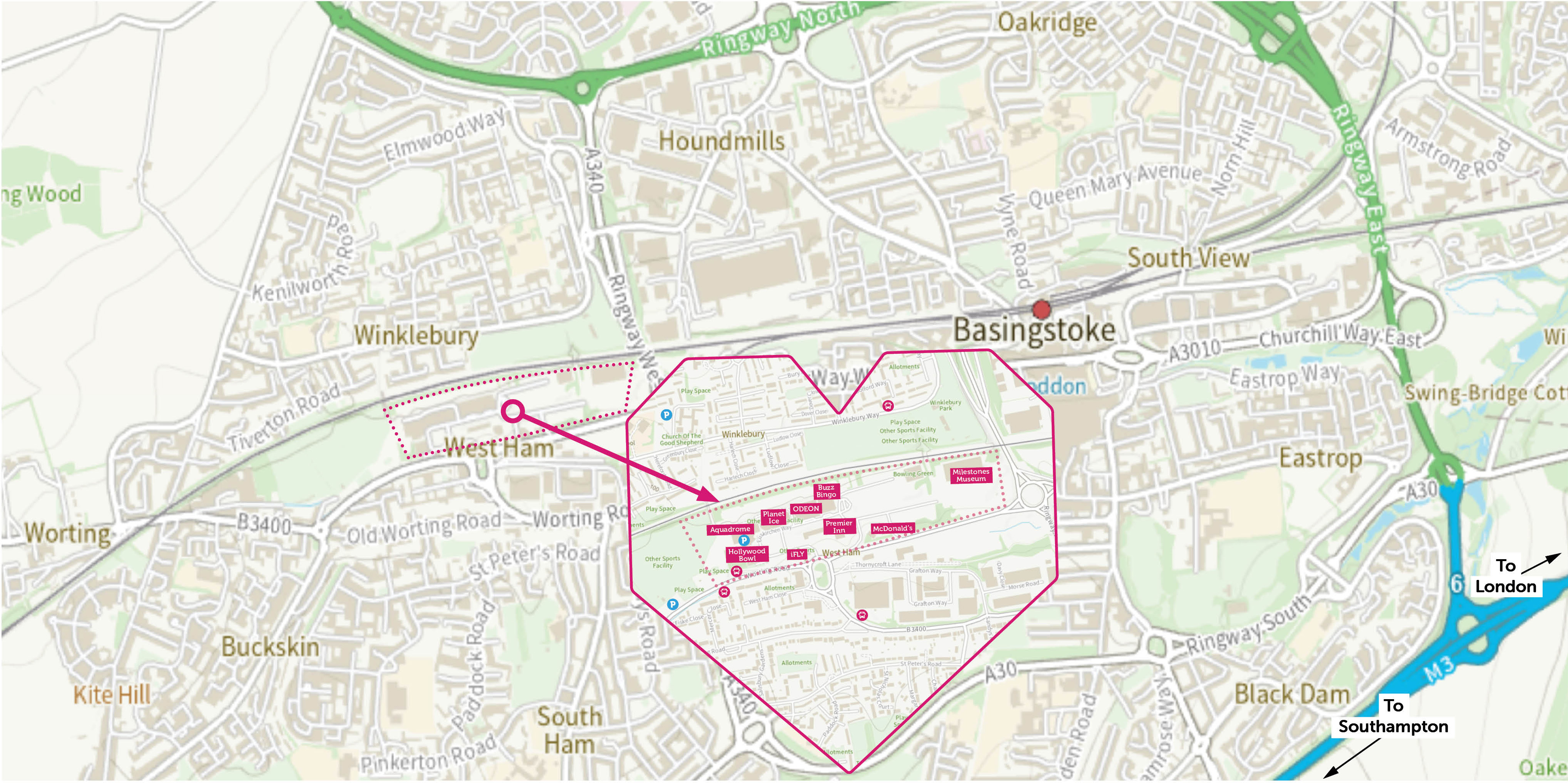 Map showing the location of Basingstoke leisure park