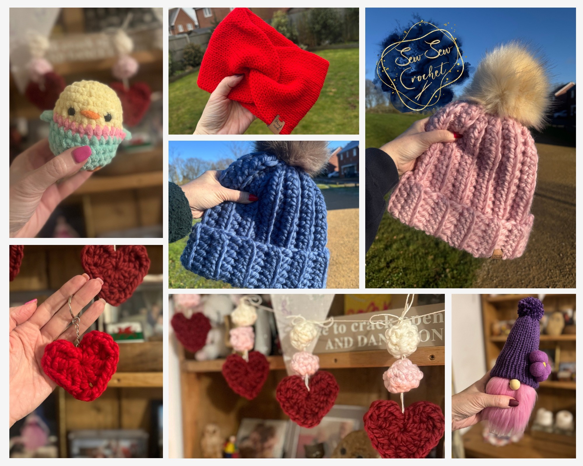 A selection of crochet items including hats and hearts.