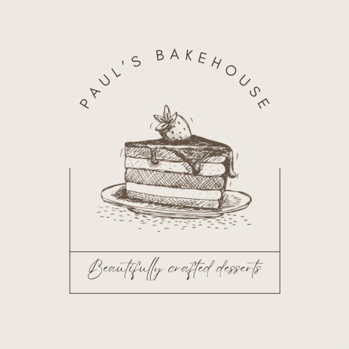 A pale background with a dark brown illustration of a cake and the words Paul's Bakehouse. Beautifully crafted desserts.