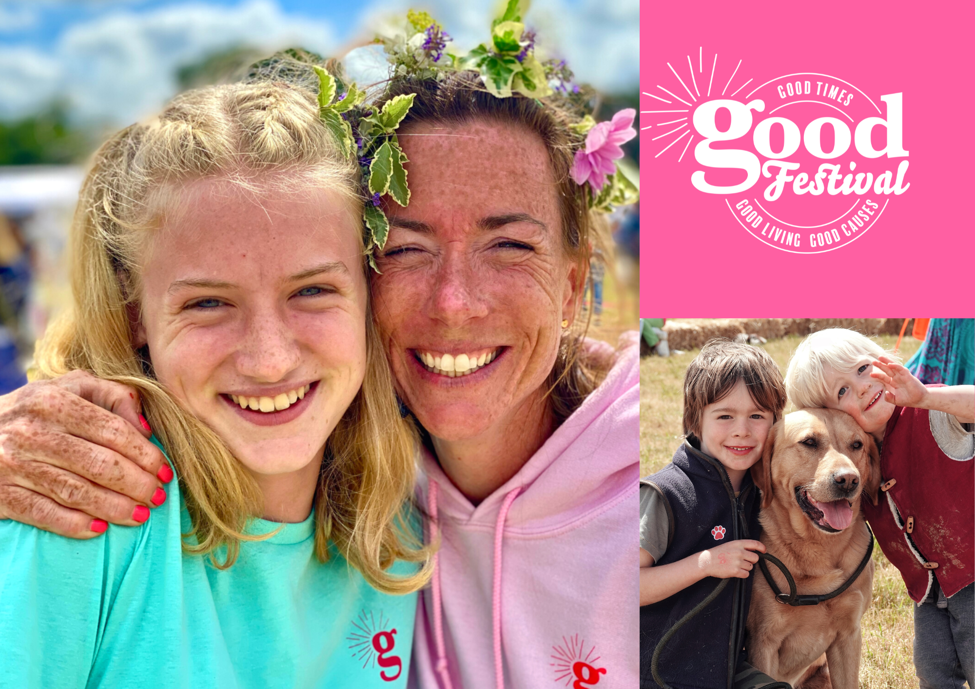 Two females hugging and then a second image with two young boys and a dog.