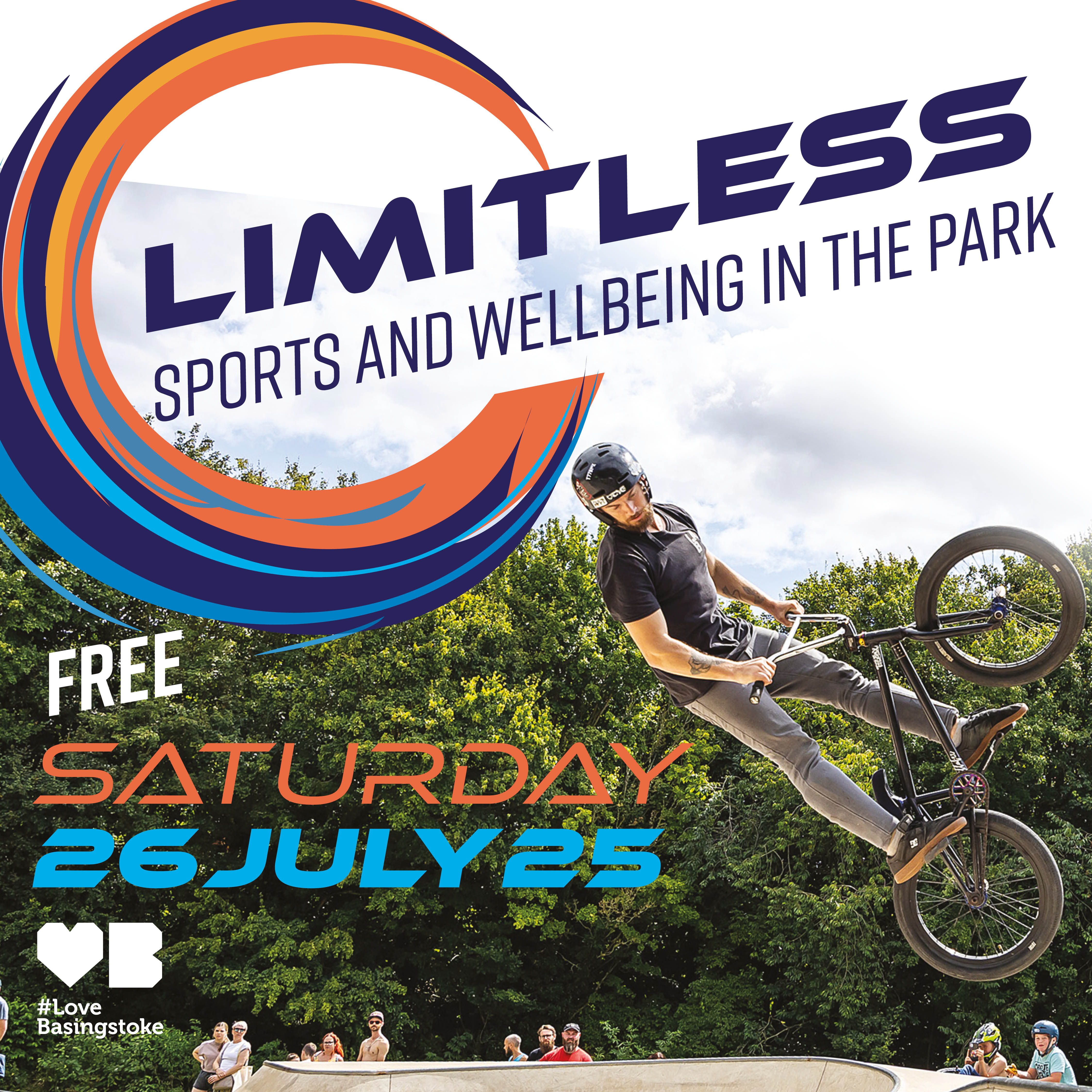 Limitless event poster. A man in a black tshirt is performing tricks on a BMX.