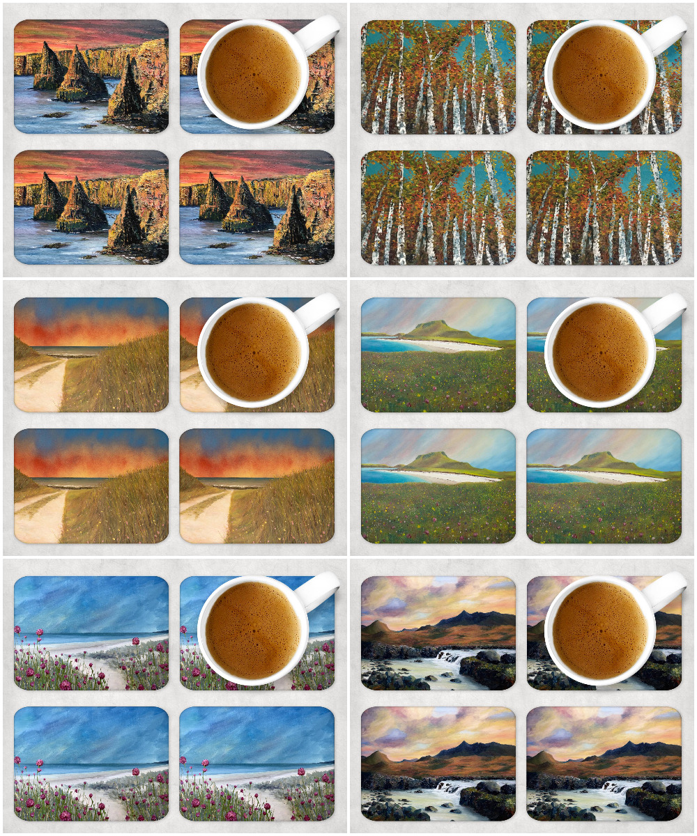 Six tiles. On each tile are 4 coasters of landscapes each with a cup of tea on one of the coasters