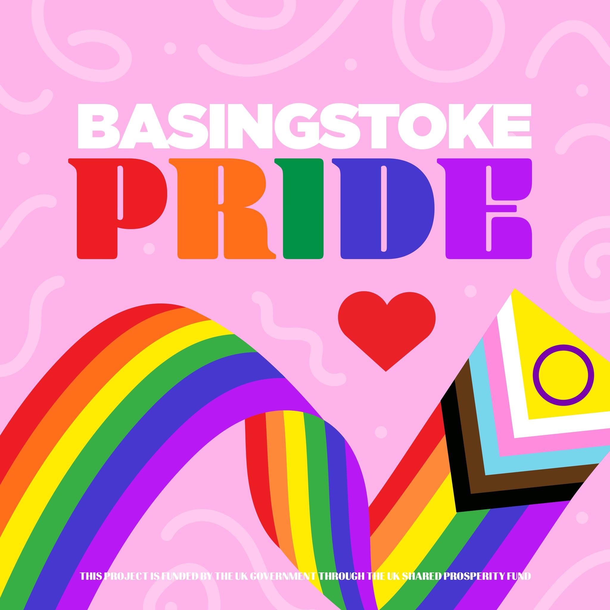 Basingstoke Pride poster. Rainbow ribbon.