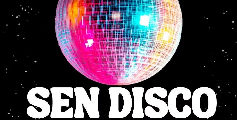 SEN Disco text with a glitter disco ball