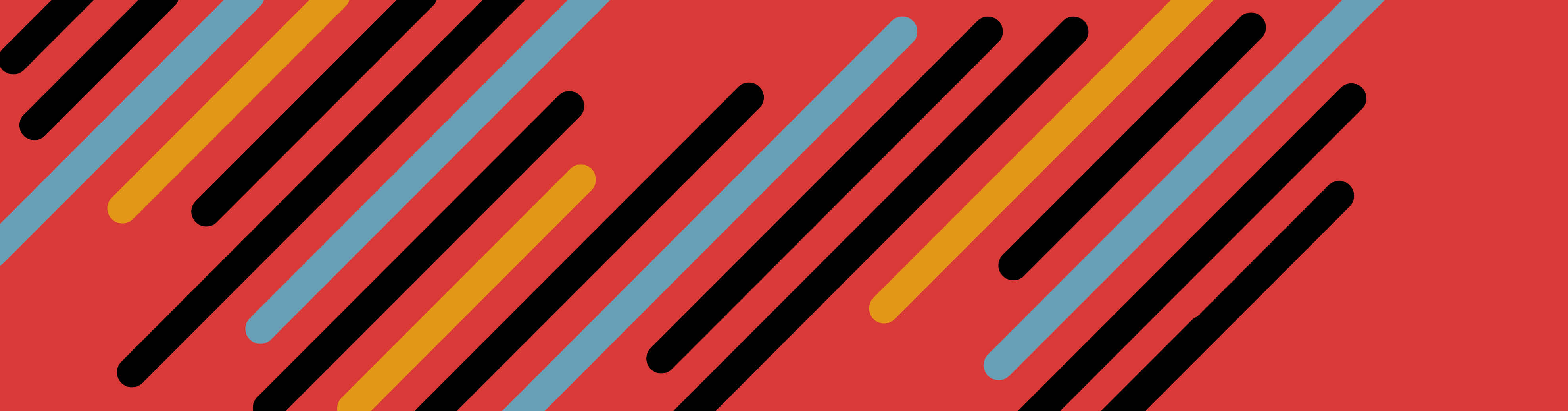 A red rectangle banner with black, blue and gold bars running diagonally