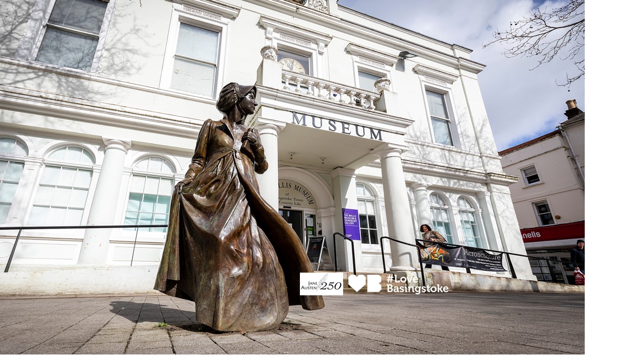 Jane Austen brass statue outside The Willis Museum