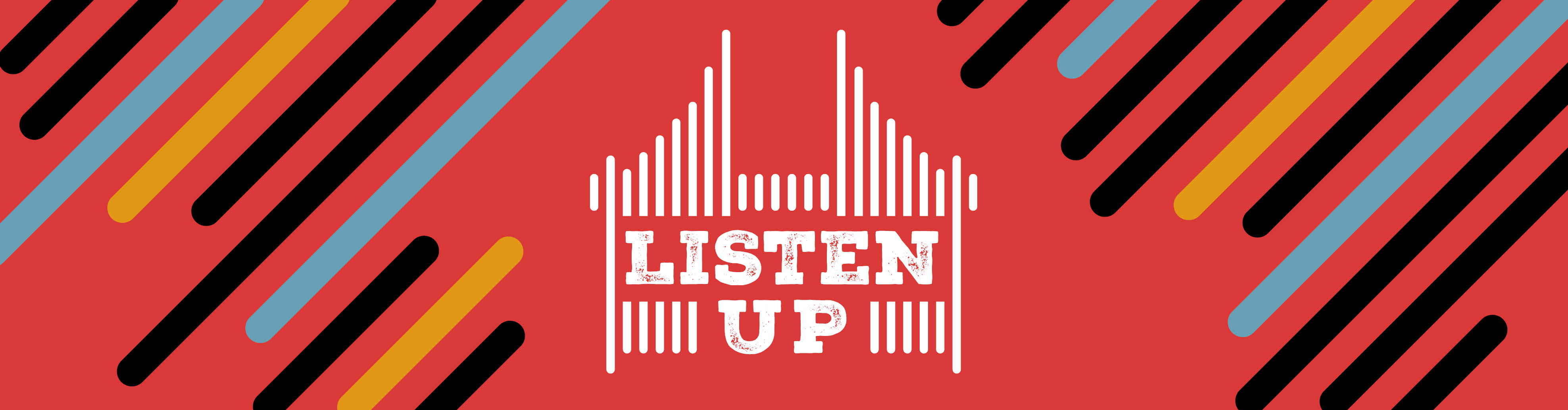 A red banner image with a white logo set in the middle. Black, blue and yellow stripes surround the logo.