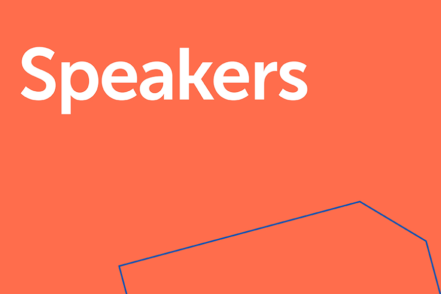 An orange background with the word Speakers on