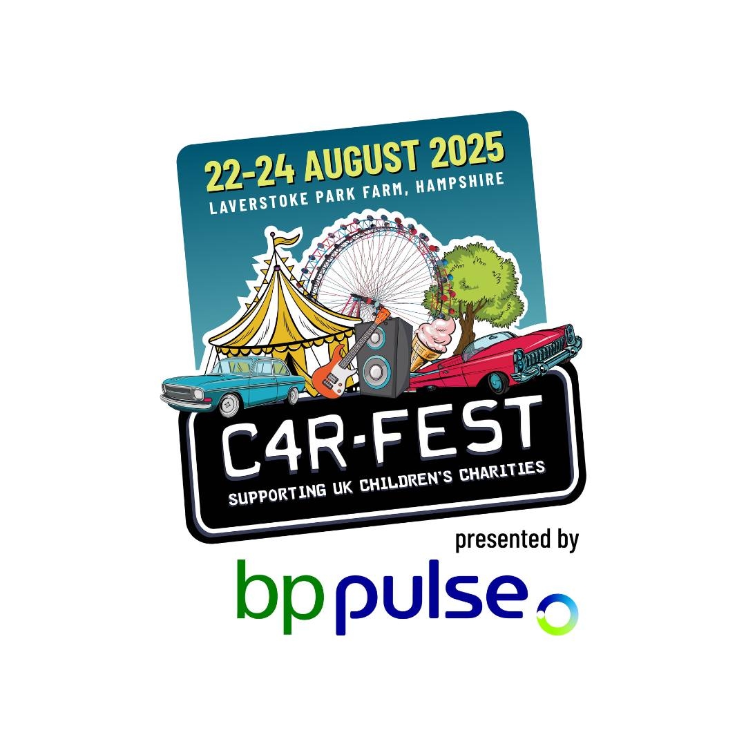 Car Fest logo. It features the date 22-24 August 2025 and location which is Laverstoke Park Farm, Hamsphire. The image has a car, big top tent, wheel, ice cream, music speaker and tree.