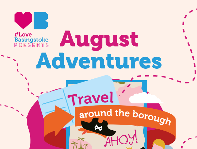 A map and a pirate hat. Text reads "August Adventures. Travel around the borough."