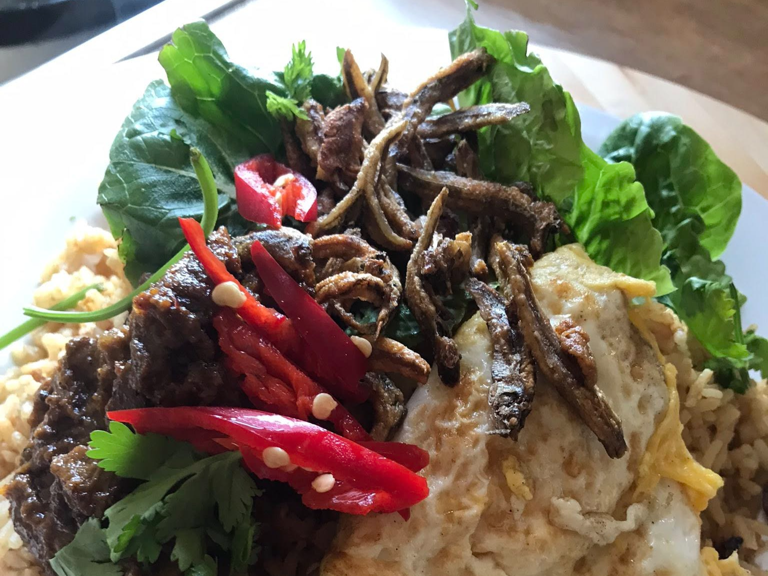 A plate full of homecooked food. You can see lettuce, rice, chillis and meat.