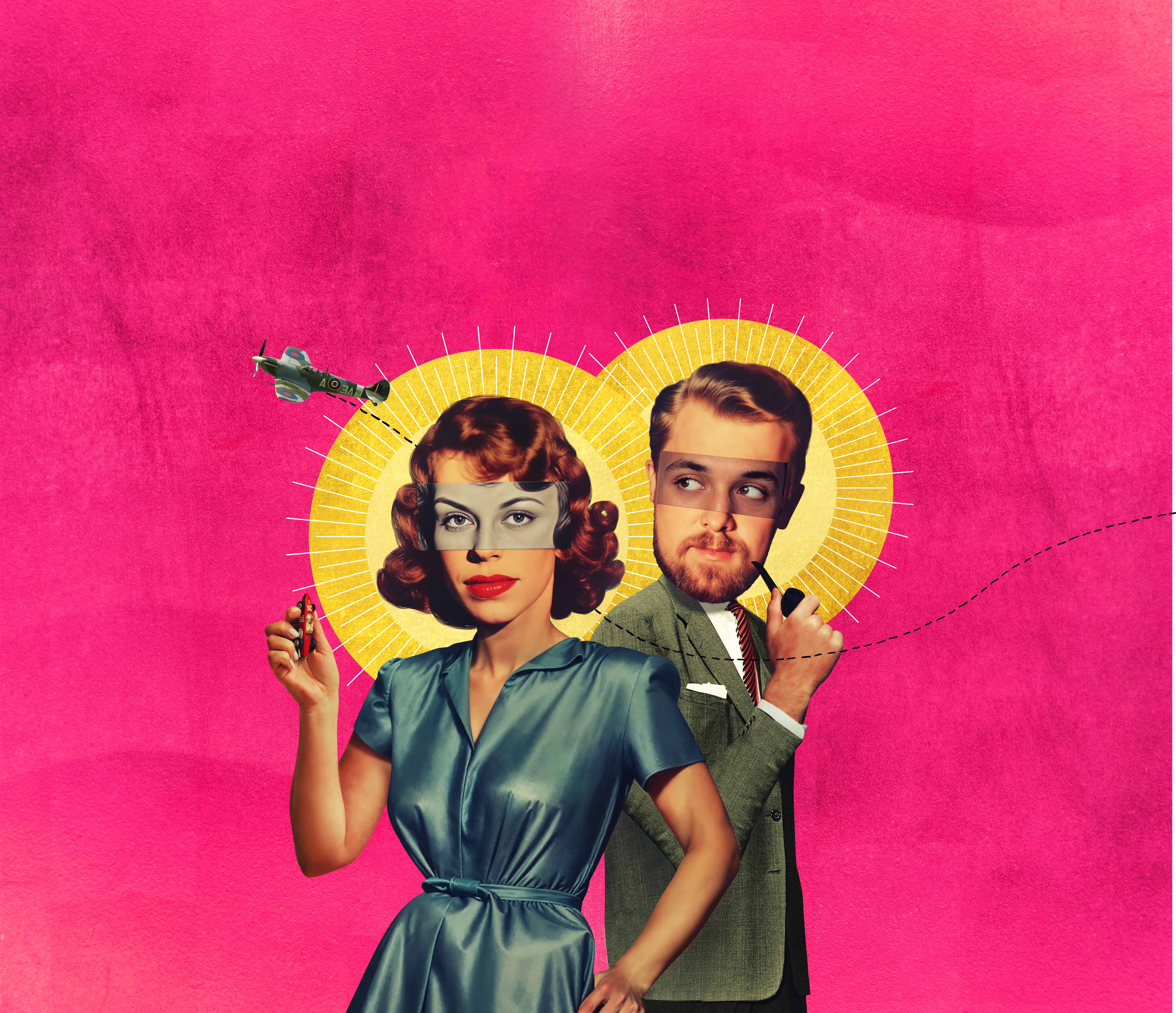 A female and male appear on a pink and yellow background.