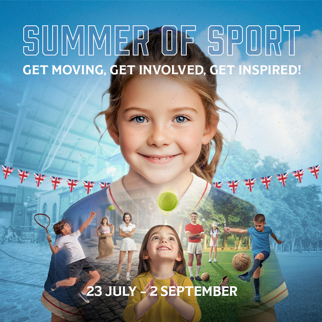 A child smiling. Text reads "A Summer of Sport. Get moving, get involved, get inspired!.23 July to 2 September".
