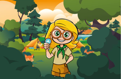 A cartoon image of a girl in classes wearing a khaki t shirt and brown shorts