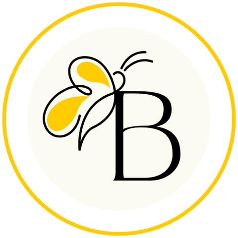 A B with a butterfly landing on it surrounded by a circle.