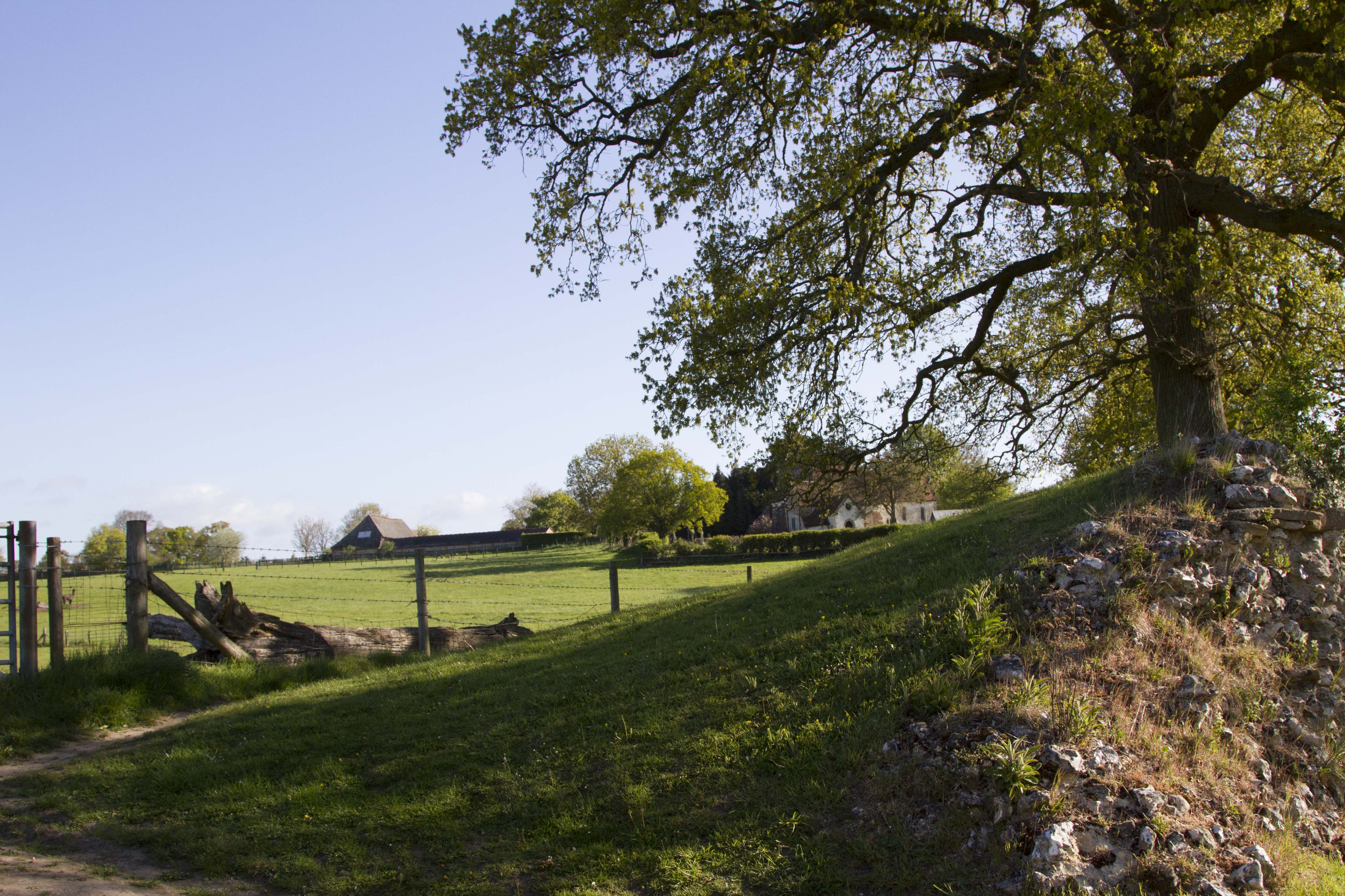 A photograph of Silchester Roman City Walls. The right hand side of the photo shows the remains of the wall, to the left green fields.