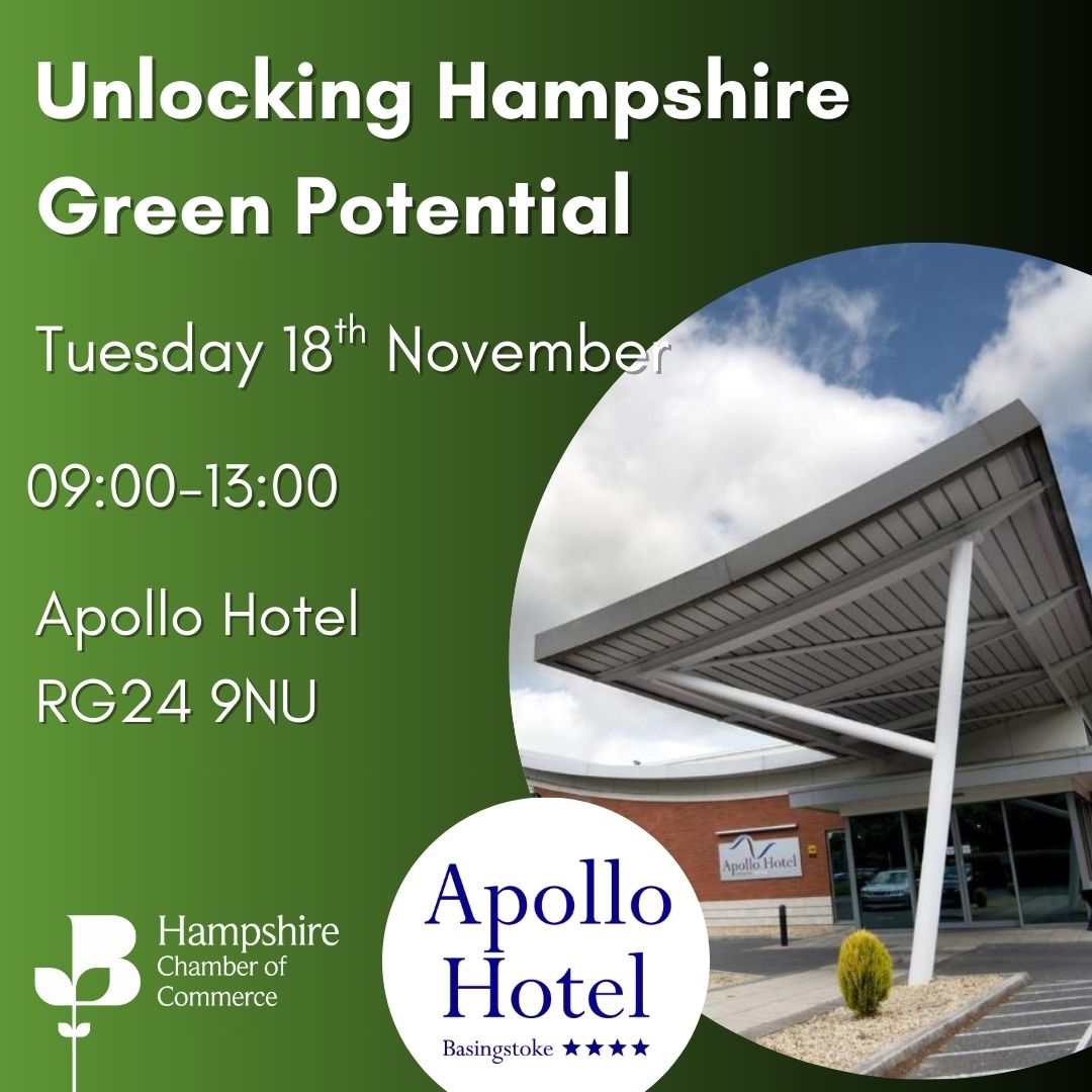 Tuesday 18 November. 9am to 1pm. Apollo Hotel. The image is of the Apollo Hotel entrance. The Hampshire Chamber of Commerce Logo and Apollo Hotel logo are at the bottom.