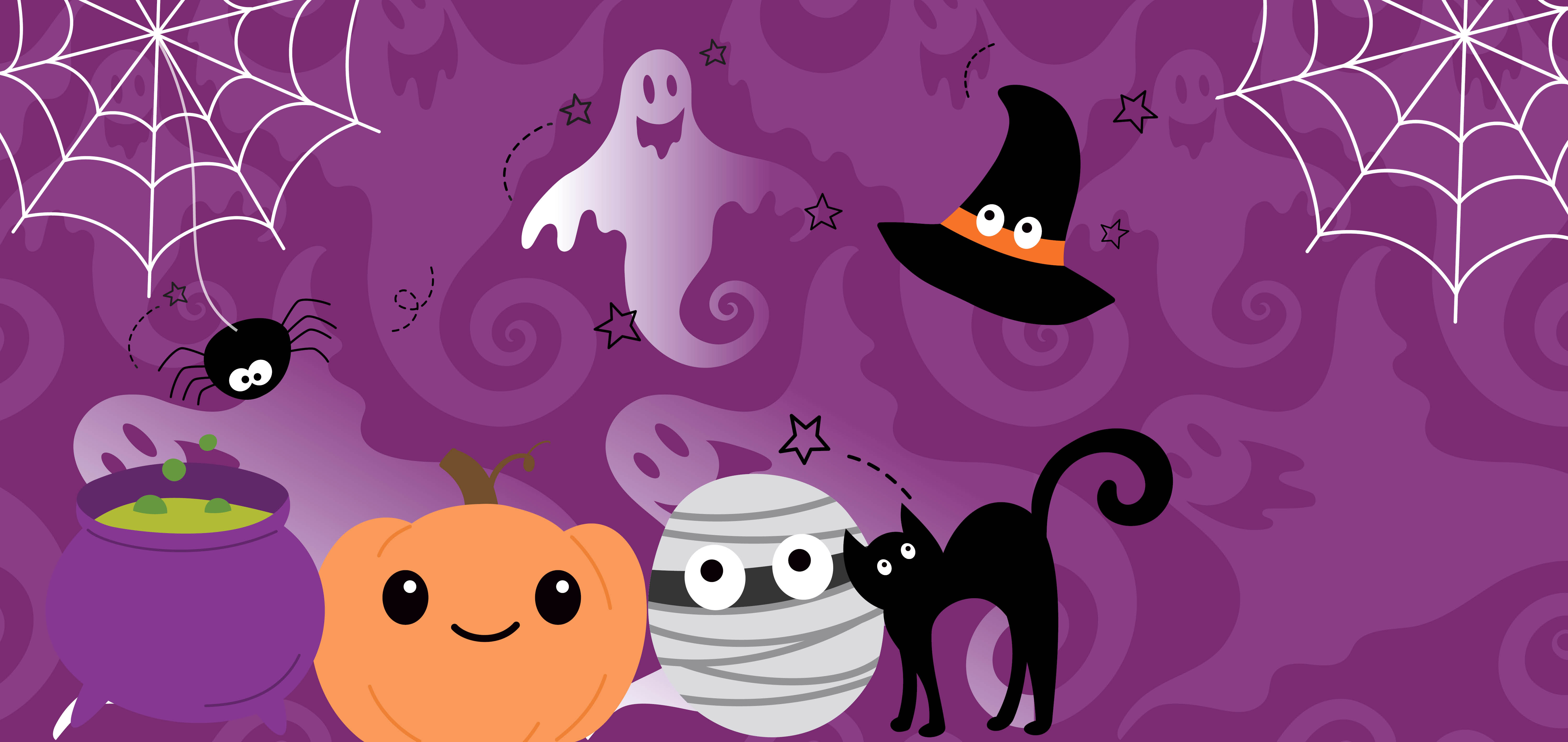 Purple Halloween web banner with white cobwebs in the corner and cartoon pumpkin cat and mummy.