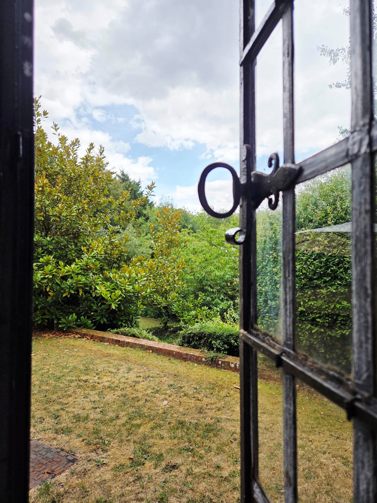 A black metal window with glass in. It's open and through it you can see grass and then trees.