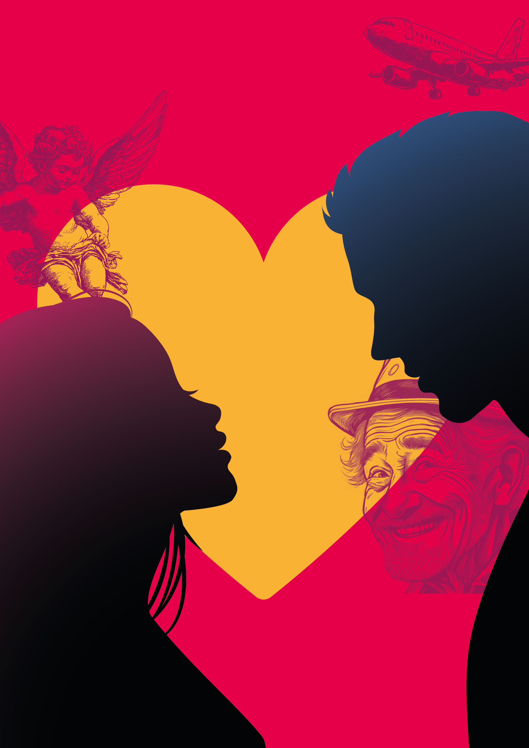 A shilliote of a man and a woman. A red background and a yellow heart.