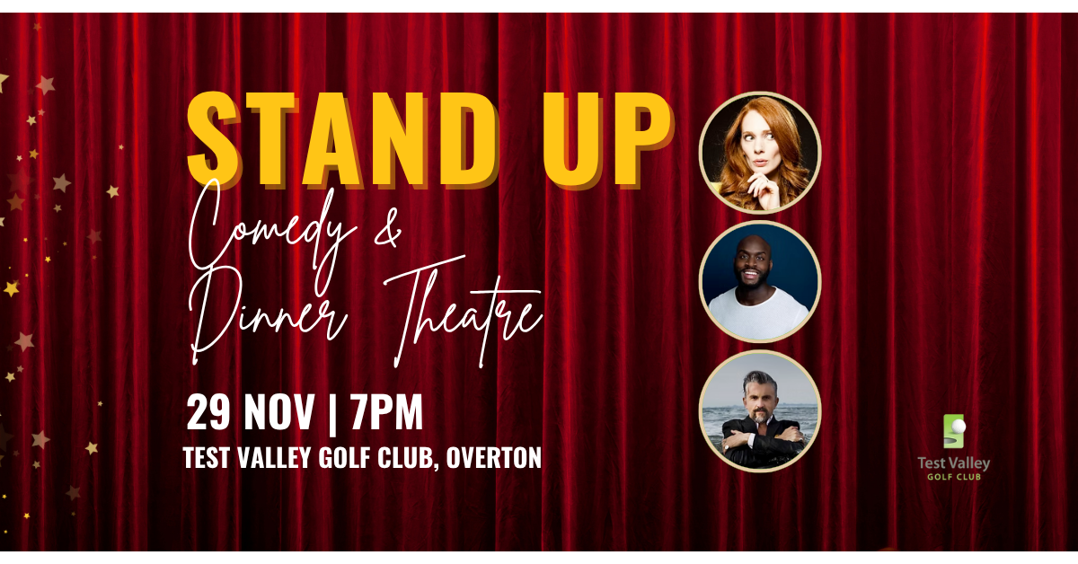 A large red theatre curtain. Text reads "Stand Up. Comedy and Dinner Theatre. 29 November. Test Valley Golf Club Overton.