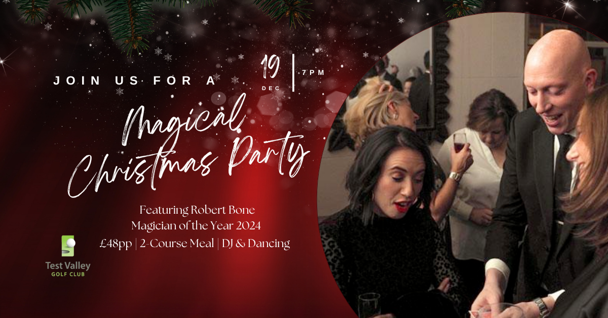 A man show showing two ladies a magic trick. He is wearing a balck suit with a black tie. There is a red background. Text reads "Join us for a Magical Christmas Party. £48 per person. 2 course meal. DJ and Dancing. Magiction of the year 2024.".