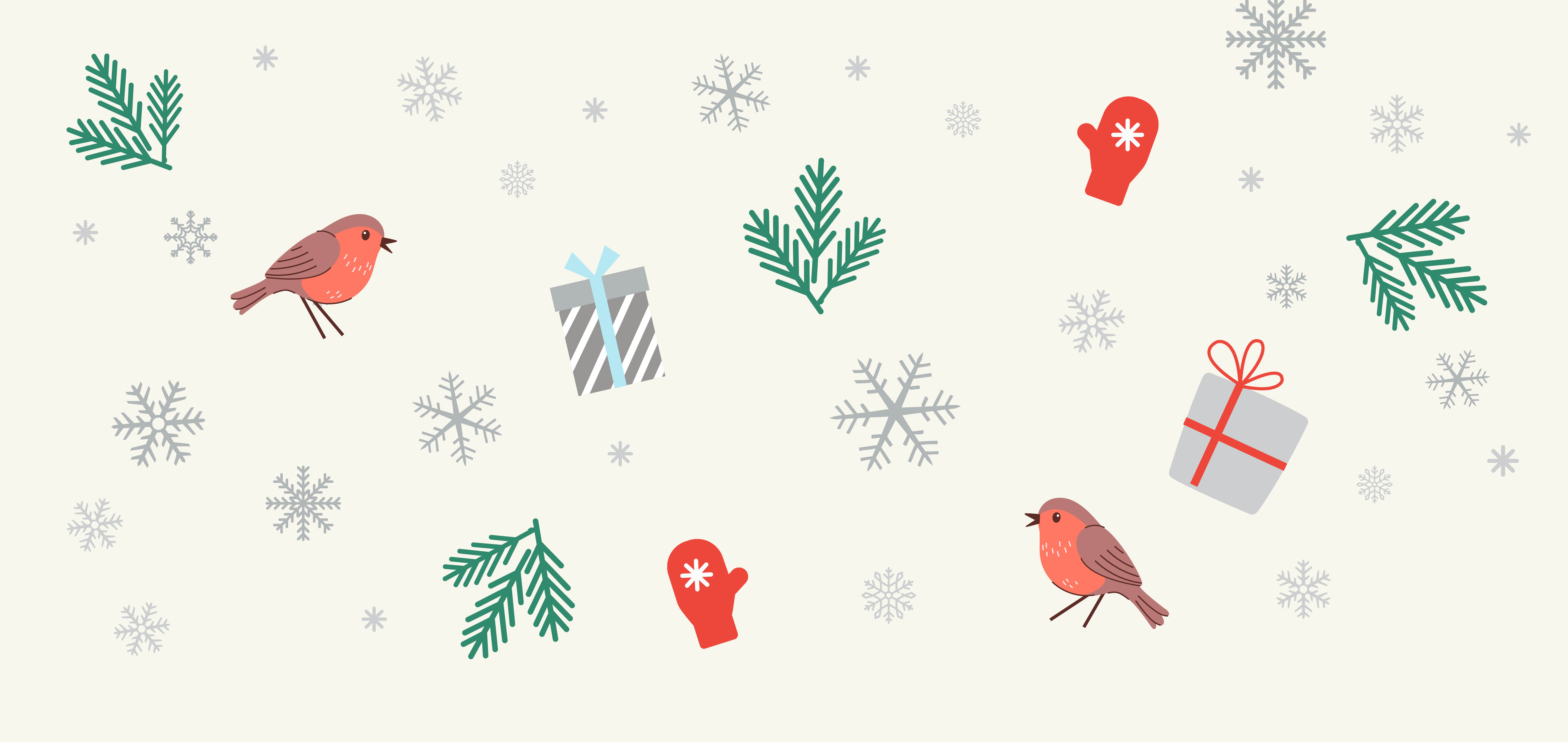 Cream rectangle background with illustrations of silver snowflakes, red robin, grey presents and green firs.