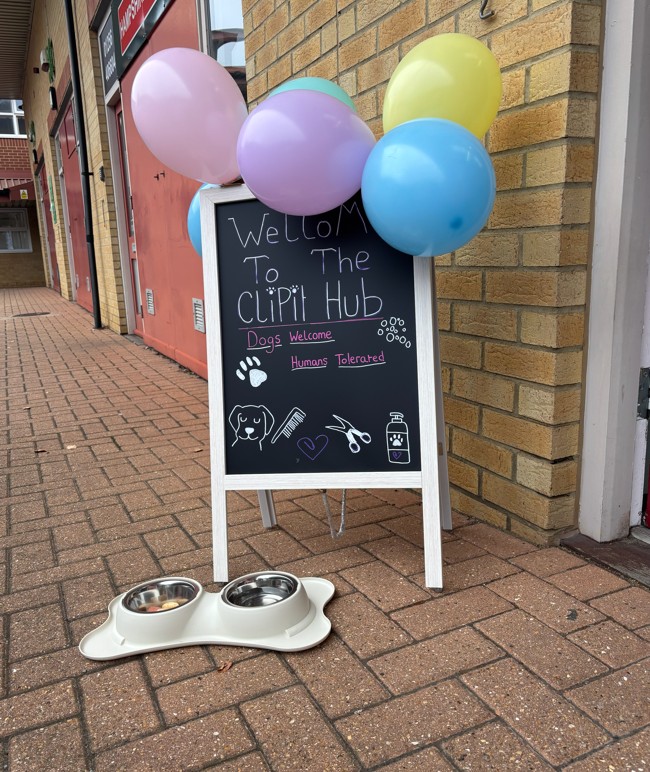 Outside, a sign board that has some balloons on and a water bowl for dogs.