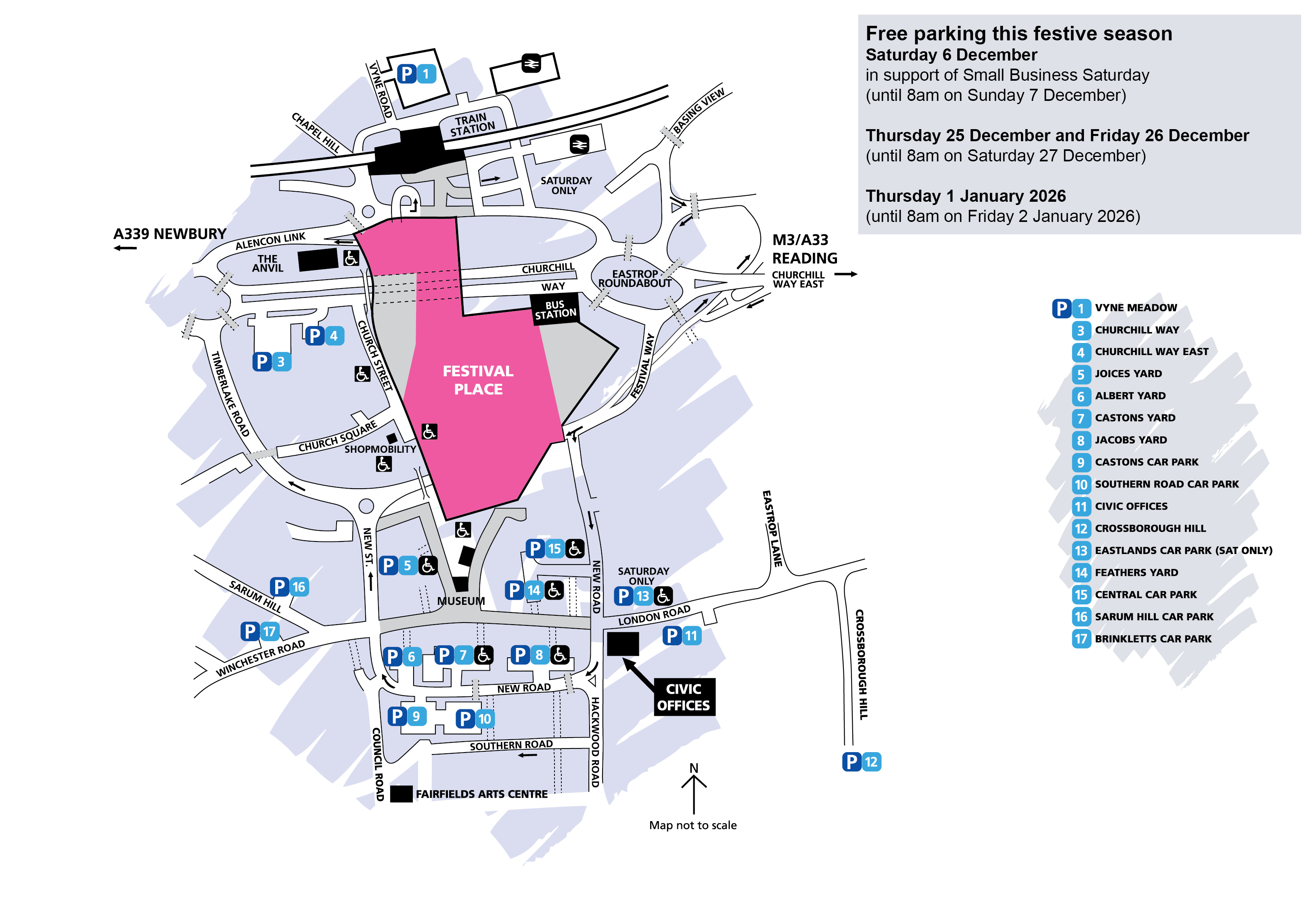 A map showing the car parks for the town centre that will have free parking.