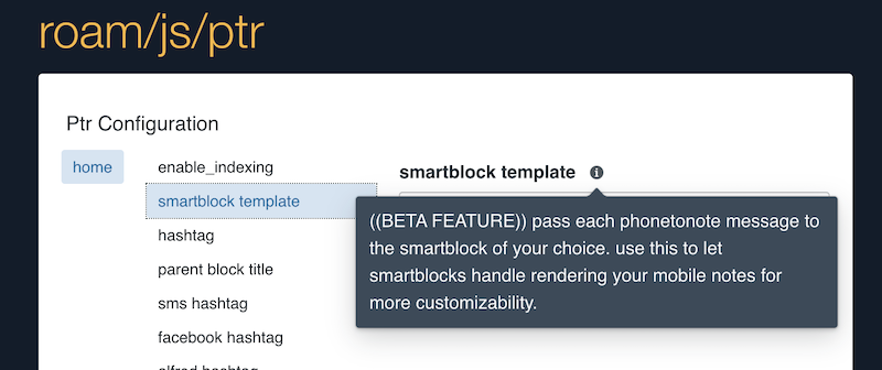 screenshot of roam/js/ptr page, where you can set your "smartblock template" option