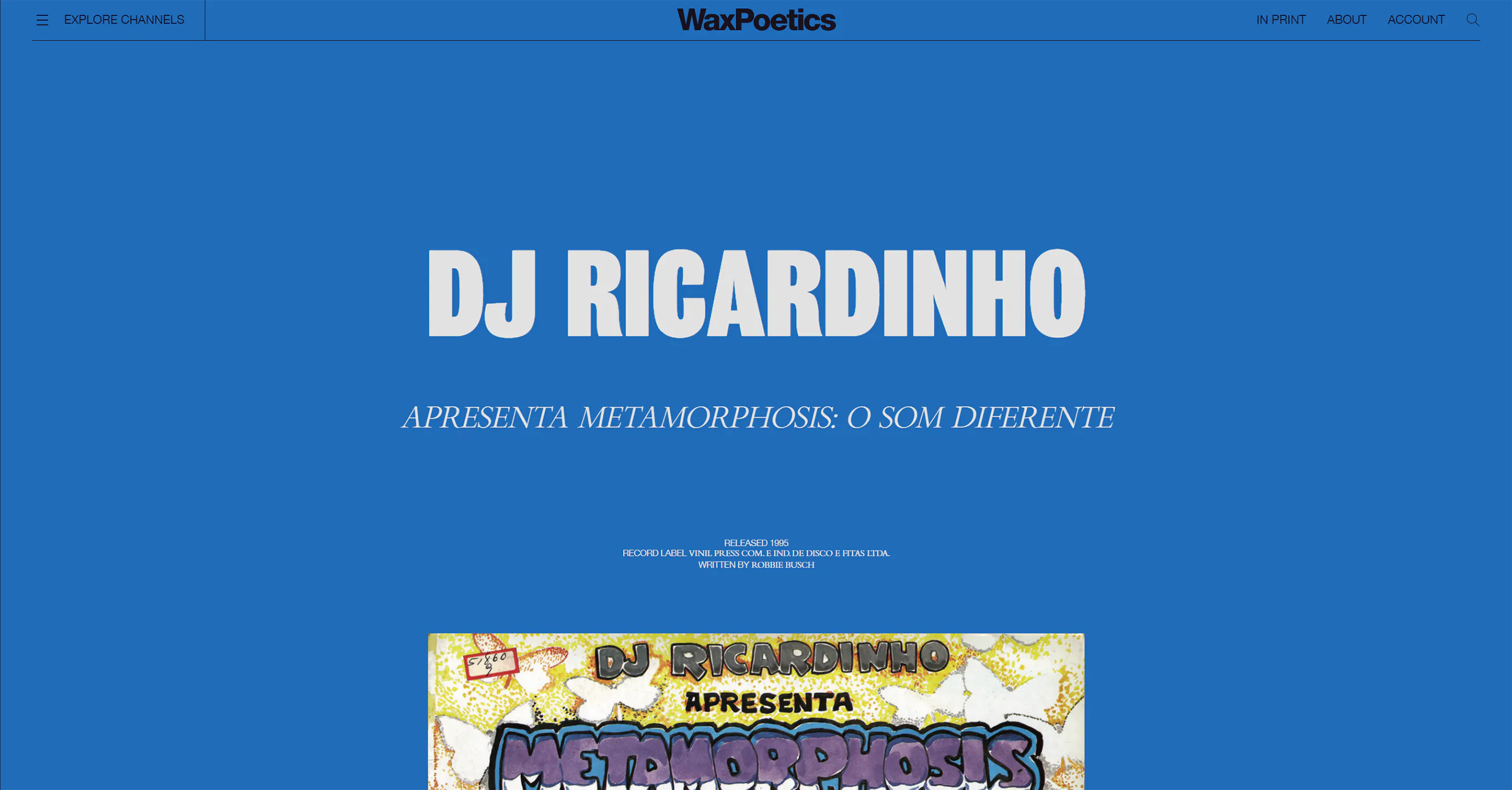 Wax Poetics website Blue themed page capture with text and images from Wax Poetics website