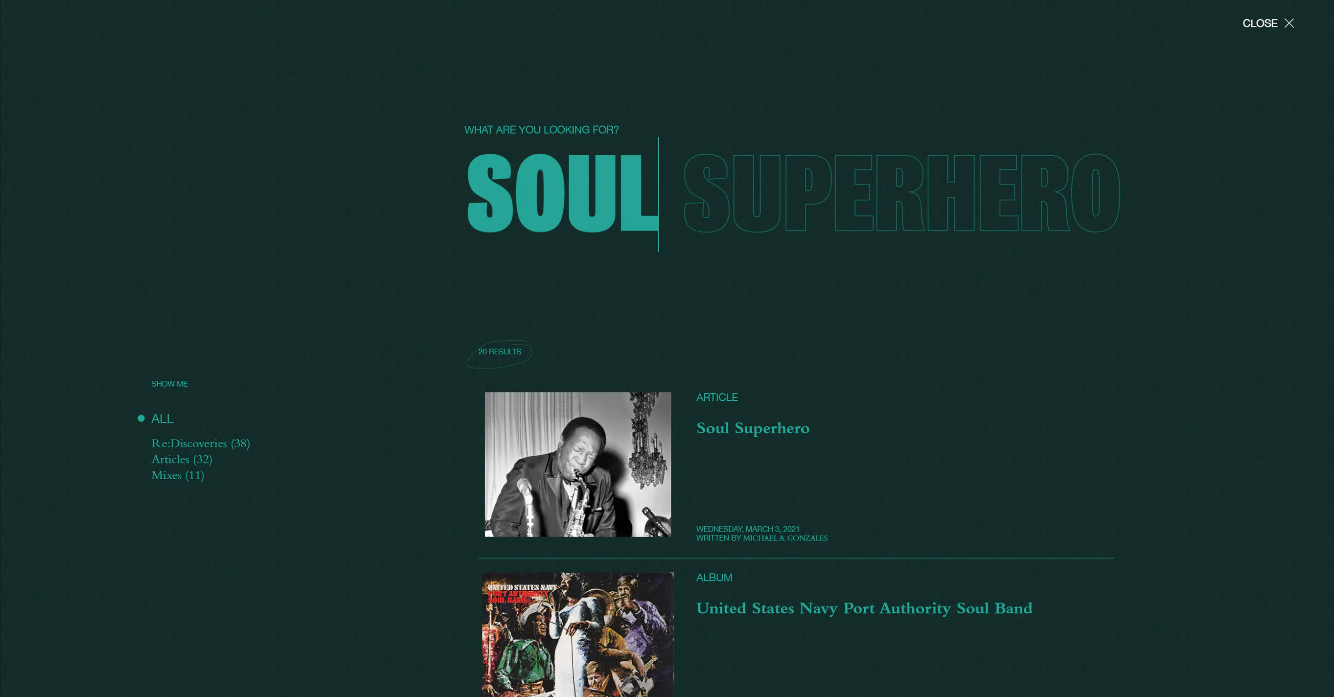 Wax Poetics website Dark green themed page capture with text and images from Wax Poetics website