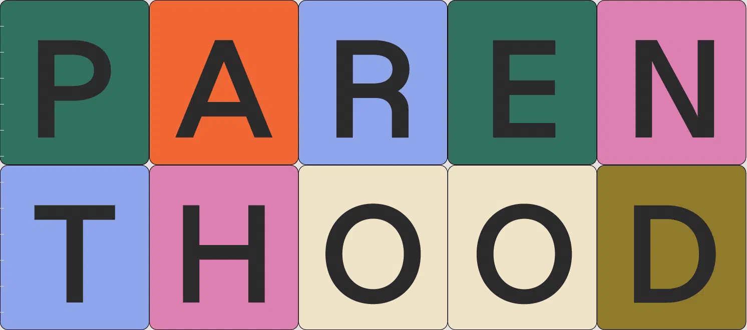 Looming fatherhoods influence on Wonderland (Idea Page) Animated letters of the word parenthood in colorful boxes